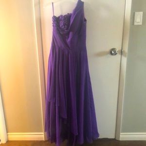 Purple, one shoulder floor length prom dress, teared/layered skirt